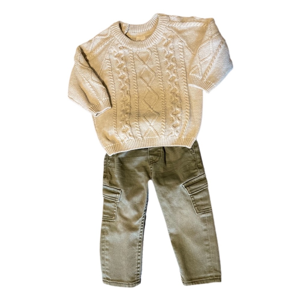 H&M 6-9m Cable Knit Wool Beige Sweater And Olive Green Pant Outfit